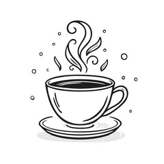 A steaming cup of coffee on a saucer, drawn in a simple, sketchy style.