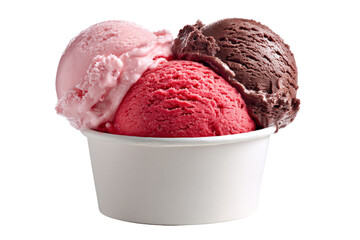 A delightful trio of vanilla, strawberry, and chocolate ice cream scoops in a pristine white cup, promising a sweet and refreshing treat on a hot summer day