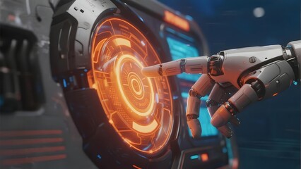 Robotic arm interacting with a glowing circular interface in a futuristic setting