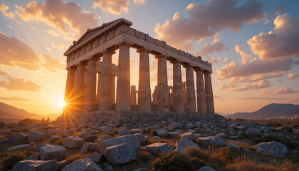 Ancient greek temple ruins bathed in the warm glow of a setting sun, with dramatic clouds and rocky terrain