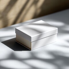 box packaging mockup on white table, premium presentation, subtle shadows