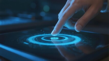 Hand interacting with a futuristic touch interface displaying a glowing circular pattern on a digital screen.