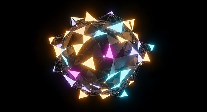 A glowing, multifaceted sphere composed of vibrant triangles and connecting lines creates an eye-catching abstract design.