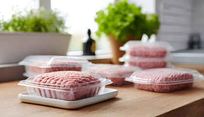 Cultured meat packs on kitchen counter, innovative food