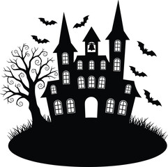 Haunted house silhouette, spooky Halloween scene, bats flying, eerie tree, creepy mansion, black and white illustration, ghost story concept
