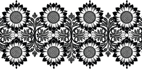 sunflower black and white floral border vector with ornamental design, vintage intricate decorative seamless pattern for design projects.
