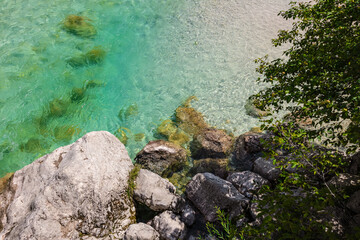 nature background with crystal clear river bank. turquoise water wallpaper. calm river water surface. bright summer landscape with clear turquoise
