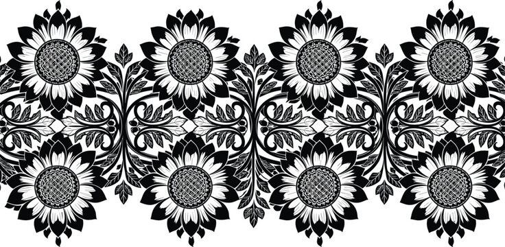 sunflower black and white floral border vector with ornamental design, vintage intricate decorative seamless pattern for design projects.
