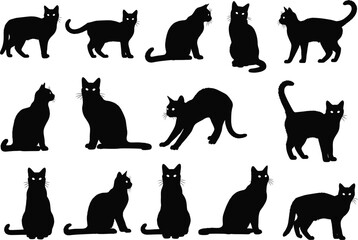 Black cat silhouette set, feline vector poses, spooky cat illustration, Halloween cat design, animal shadow graphic, walking sitting stretching cats