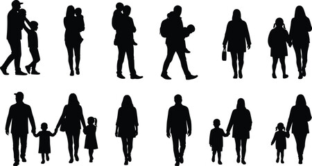 Black silhouette family illustration, adult and child interactions in various poses, parenting and bonding concept, cad drawing flat vector illustration