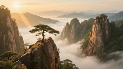 Majestic mountain peaks rising above a sea of clouds at sunrise, with a lone pine tree on a rocky outcrop