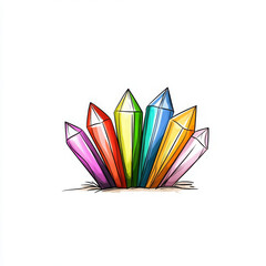 Colorful crystal illustration with five vibrant gemstones emerging from ground, playful