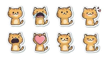 A collection of eight adorable cartoon cat stickers showing different emotions. Each cat has a unique expression, from crying to happy, making them fun and lively.