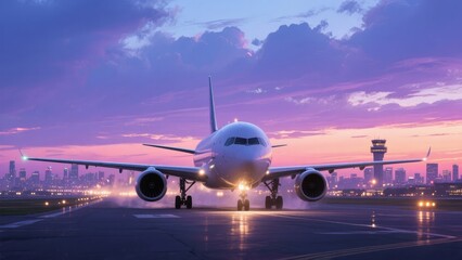 Commercial airplane on runway at twilight with city skyline in background