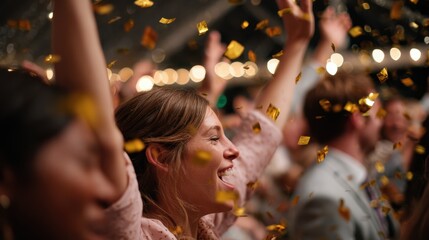 wedding guests dancing under string lights, confetti falling, lively and festive indoor celebration