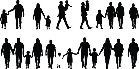 Black silhouette family illustration, adults and children in various bonding poses, parenting and relationship concept, cad drawing flat vector illustration