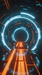 Futuristic neon-lit tunnel with glowing blue and orange lights, high-tech corridor design