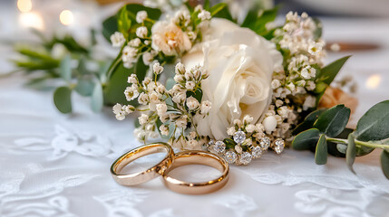 wedding rings and bouquet