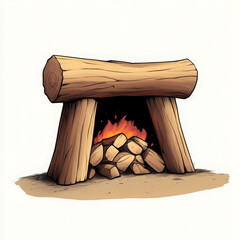 Wooden log campfire illustration with burning flame, cozy atmosphere, hand drawn style