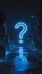 Neon question mark glowing in a futuristic corridor with blue lighting and reflective floor