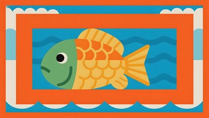 A cartoon-style fish with orange and yellow scales swimming in a blue water background framed by an orange border.