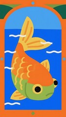 Fototapeta premium Illustration of a colorful fish swimming in blue water within an arched frame