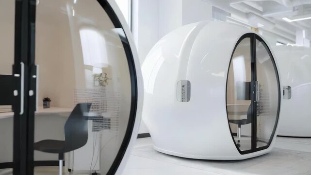 Futuristic white pod offices with glass doors in a bright, minimalist workspace.