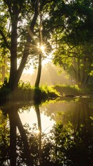 Fototapeta premium Sunlight streams through a lush forest canopy, casting a golden glow on a tranquil river reflecting the trees.