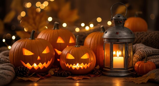 Spooky carved halloween pumpkins with glowing candle lantern and bokeh lights