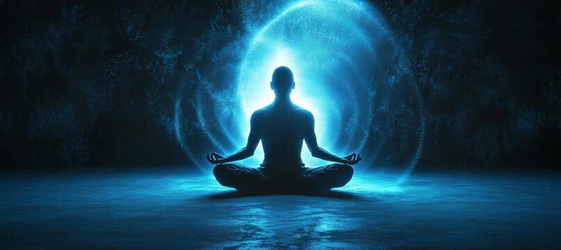 Silhouette of human body in yoga meditation form with chakra energy burst. Generative video AI technology.	
 - Powered by Adobe