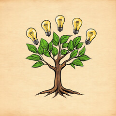 Tree with green leaves and light bulbs as fruit, symbolizing creativity and innovation