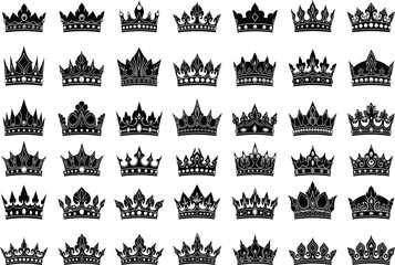 Black crown icon set, royal vector silhouettes, luxury emblem collection, heraldic symbols, monarchy design, vintage crown clipart, regal illustration © Fahim Creative