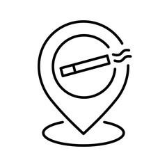 Map pin with a cigarette line icon. Smoking allowed area. Designated place for smokers. Smoker friendly zones. Public tobacco use locations in restaurants, airports and outdoor. Vector illustration. 