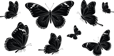 Black silhouette butterfly illustration, diverse wing shapes and poses, artistic insect design for nature themes, cad drawing flat vector illustration © Nupoor's World