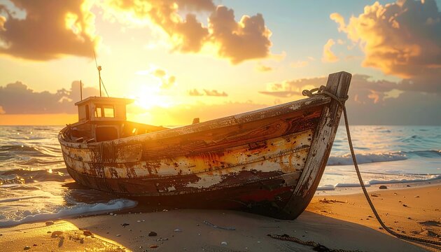 Dilapidated Fishing Boat Stranded on Sandy Beach at Sunset with Glowing Soft Light and Colorful Sky