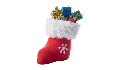 Red Christmas Stocking Filled with Small Gifts Isolated on transparent background