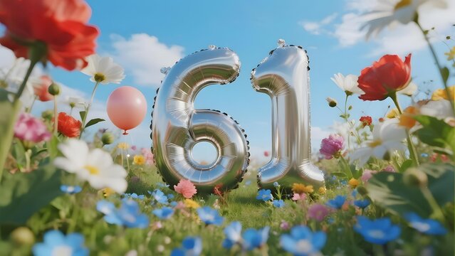 Silver number 61 balloons in a colorful flower field under a blue sky
