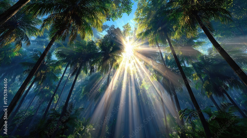 Poster sun shining through treetops with lens flare concept. sunlight filters through lush green palm trees