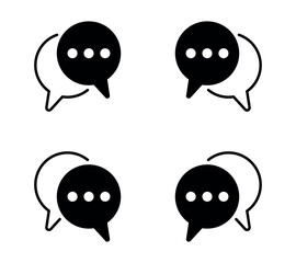 Chat bubble icon set with overlapping speech balloon symbols, minimal black and white communication pictograms, dialogue design elements for web, mobile app, social media, conversation interface