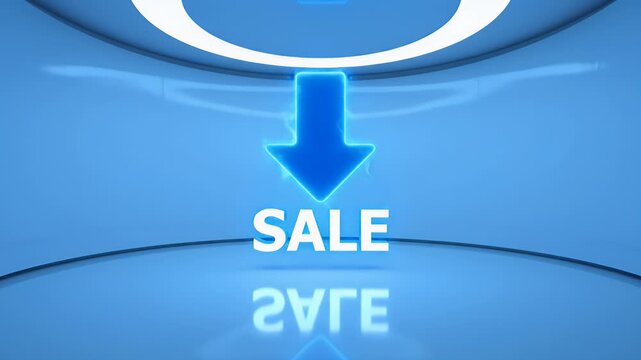 Vibrant Blue Sale Concept with Luminous Down Arrow and Reflective Text on a Modern Digital Background, Indicating Price Reduction and Promotion