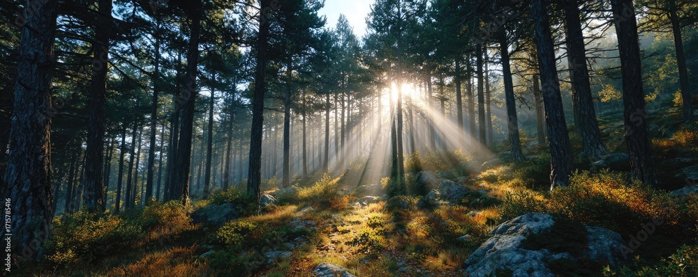 Poster sun shining through treetops with lens flare concept. sunlight streams through trees, illuminating a