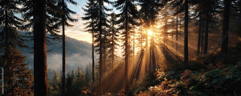 Aufkleber sun shining through treetops with lens flare concept. sunlight filtering through trees in a serene f