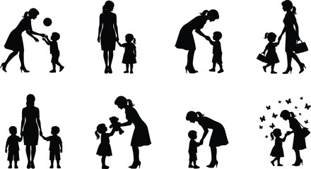 Black silhouette of woman with children, nurturing and playful moments, emotional bonding scenes, family care concept, cad drawing flat vector illustration