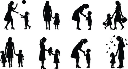 Black silhouette of woman with children, caregiving and parenting moments, emotional bonding scenes, family interaction concept, cad drawing flat vector illustration