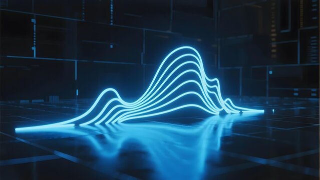 Neon blue waveforms displayed on a reflective surface in a futuristic digital environment