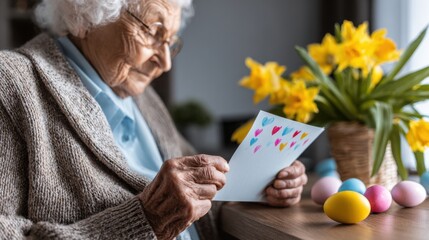 Close up of female hand holding card for Mother's Day with little pink hearts, posing isolated over blue color background wall in studio with copy space for promotion content. Spring holiday concept