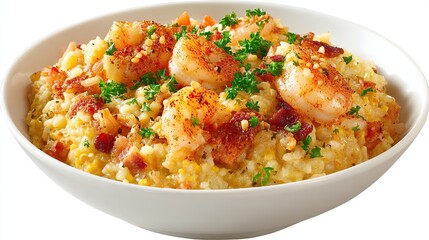 and keyword list following your requested format

 Creamy shrimp & grits dish, garnished with parsley and bacon, served in a white bowl