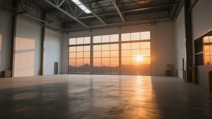 Fototapeta premium Empty industrial warehouse interior with large windows showing sunset