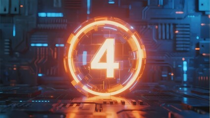 Digital countdown timer displaying number four in a futuristic technological environment with glowing circuitry and neon lights.