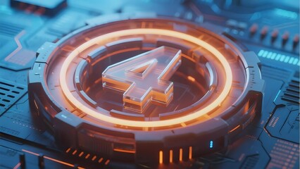 Futuristic digital interface with glowing number four on a high-tech circuit board